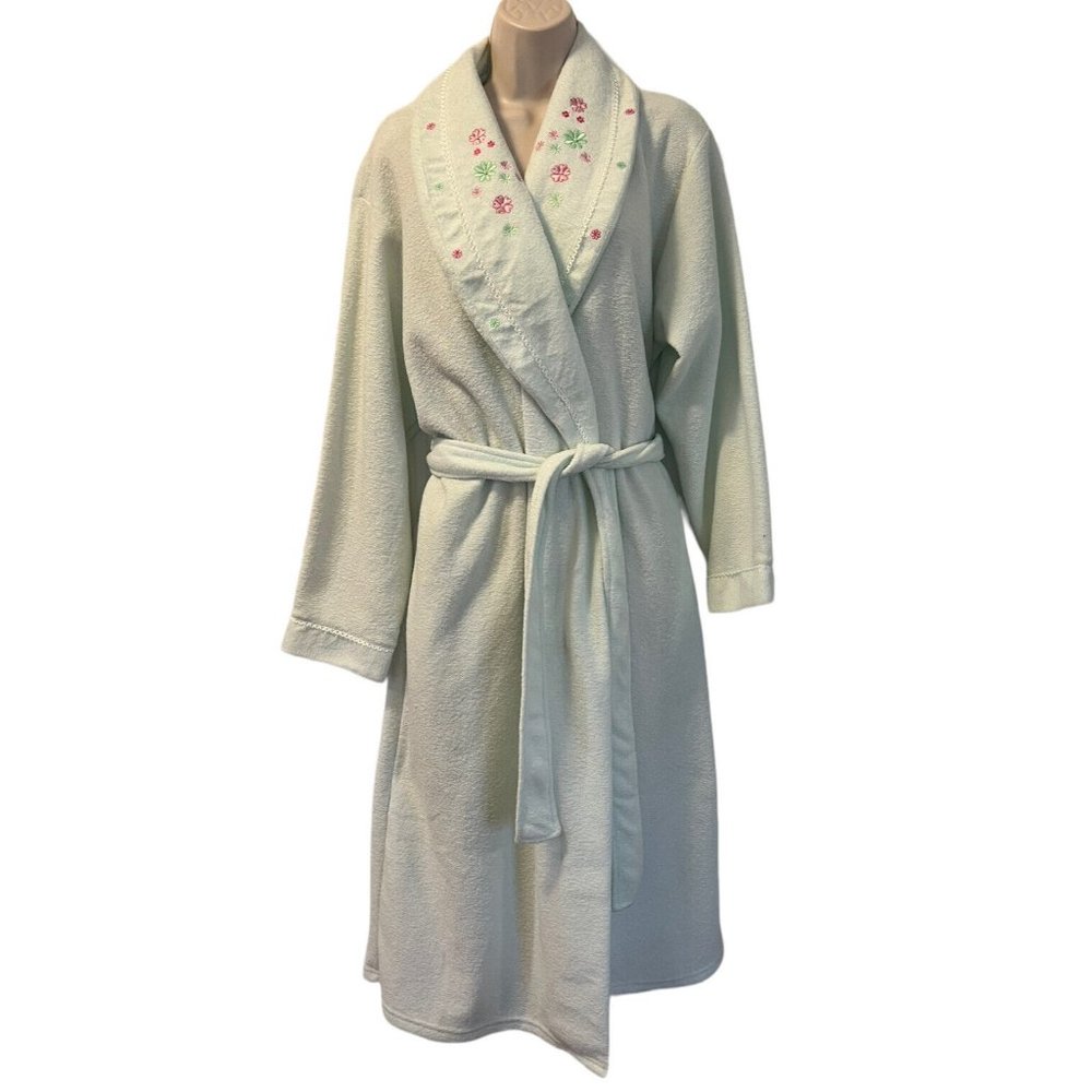 Vintage Moon Dance Robe Mint Green Embroidered Floral Sz Medium Fleece Lined NWT